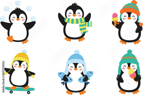 Cute winter penguin characters illustration set wearing hats scarves ice cream skateboard fish cartoon style for kids greeting cards stickers holiday christmas playful vector