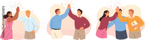 Teamwork, celebration, high five, happy people, success, collaboration, friendship, positive energy, casual outfit, sparkles, pastel background, unity, joy, connection, cheerful mood, group interactio