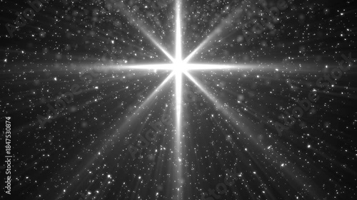 Loop Realistic 3D Render Christmas Background. Seamless Footage, Bright Star Rays with Snowfall. High-Density Falling white translucent Dust Particles on black background.