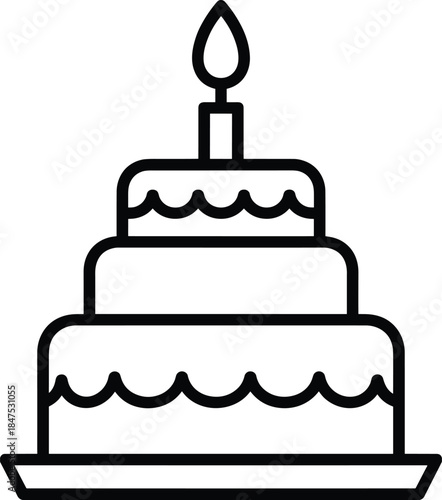 Three Tiered Birthday Cake With A Single Lit Candle Icon Keywords: birthday, cake, celebration