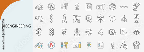 Bioengineering icons representing a collection of elements and concepts related to genetic engineering and biological research 
