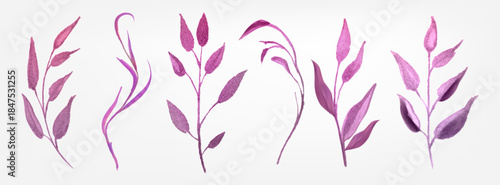 Pink watercolor foliage with botanical leaf elements and branch greenery. Spring plant illustration collection of delicate garden leaves, stems and vintage floral herbarium style for wedding decor.