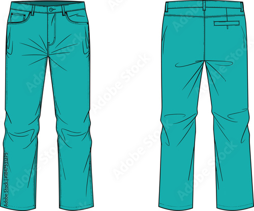 Technical Drawing of Men's Straight Fit Teal Casual Trousers Front and Back Views, Flat Sketch Apparel Design Vector Illustration, Customizable Clothing Template.