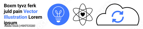Education, science, creativity, innovation, technology, data synchronization. Icons showcase a lightbulb, an atomic structure with a heart and a cloud sync. Creativity and science symbol concepts