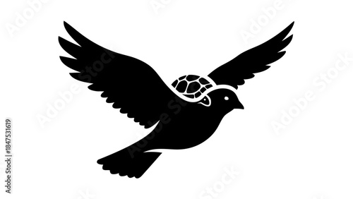 A black silhouette vector illustration depicts a wild eagle in flight with powerful wings spread, symbolizing a majestic bird of prey in nature
