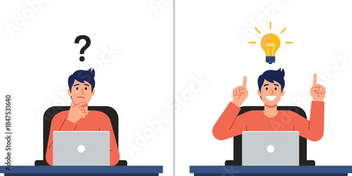 Confused to idea concept, split scene illustration, laptop user thinking, light bulb moment, problem solving, creative learning, vector art