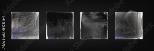 Vinyl plastic wraps with realistic wrinkles and creases on dark bg. Clear polyethylene film covers with glossy texture, scratches and distressed surface effects - mockup sleeves for CD album packaging