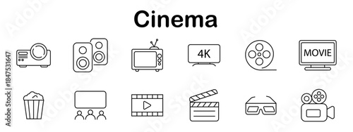Cinema set icon. Projector, speakers, retro TV, 4K screen, film reel, movie monitor, popcorn, screen with audience, play strip, clapperboard, 3D glasses, video camera.
