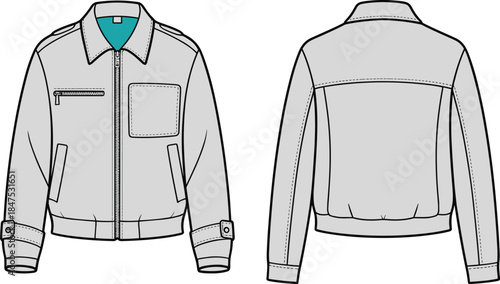 Technical fashion illustration, front and back jacket view, apparel design, garment sketch, outerwear mockup, zipper, collar, epaulet, cuffs, waistband