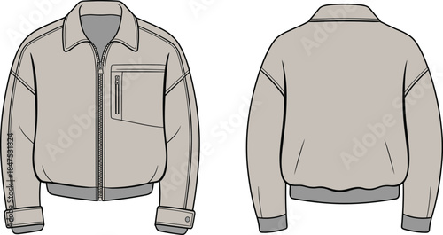 Technical jacket illustration, front and back view, fashion design template, apparel mockup, zip-up outerwear, garment construction, vector drawing, clothing blueprint