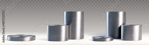 Silver metal cylinder podium set with 3d steel round stands - platform stages in various heights on transparent background. Modern chrome product pedestal mockup for showcase and exhibition layouts.
