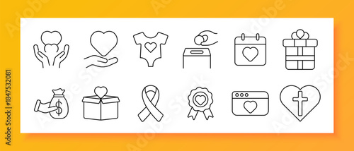 Charity set icon. Heart, hand, gift, donation, box, ribbon, calendar, money, love, support, cross, volunteer, care, hope, faith, kindness, humanity, help, compassion, trust