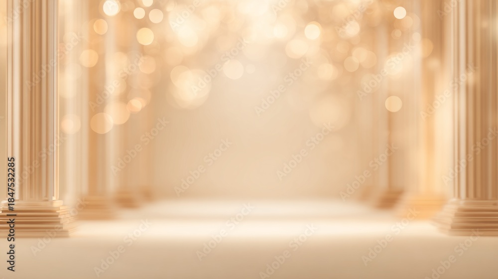 Naklejka premium Soft golden hues fill the exclusive lounge, creating a warm atmosphere. Tall columns stand gracefully as twinkling lights enhance the festive spirit, inviting guests to unwind