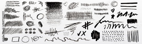 Scribble doodle set with ink pen strokes and crayon textures - hand drawn pencil lines, brush marks and rough sketches. Vector grunge scribbles with abstract squiggly shapes and charcoal effects.