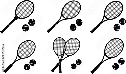 Tennis racket silhouette, tennis ball icon, sports equipment vector, black white grid, minimalist design, fitness symbol, athletic gear illustration