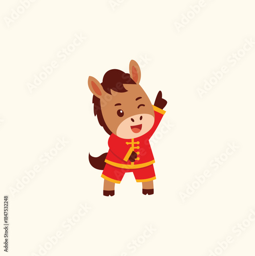 Cute Cartoon Horse in Chinese New Year Outfit Waving Hello