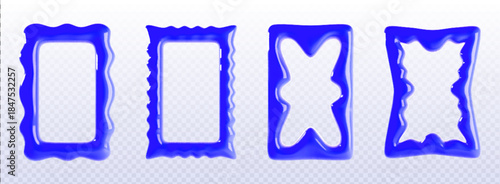 Blue Y2K wavy border frame with scallop edge and squiggly shape. 3D vector design with corrugated curves, zigzag patterns and organic wiggle elements for trendy graphic projects and retro collages.