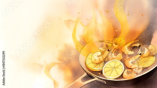 Fototapeta Naklejka Na Ścianę i Meble -  Warm Watercolor Shrimp Stir Fry A Culinary Celebration of World Food Day Flavors