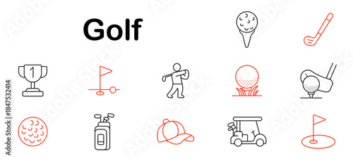 Golf set icon. Trophy, golf ball, flag, golfer, cart, hat, club, bag, swing, tee, hole, course, sportsman, equipment, precision, drive, competition, leisure, play.