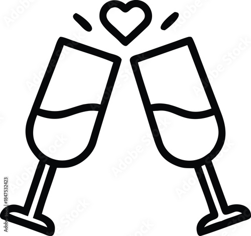 An outline icon representing a toast with two champagne glasses and a heart.