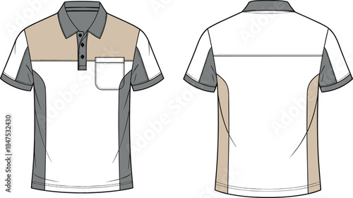 Three-Tone Color-Block Polo Shirt Technical Fashion Flat Sketch, Short Sleeve Collared Piqué Fabric Tee with Chest Pocket, Front Back View Apparel Template, Activewear Sport Mockup