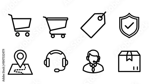 E-commerce and customer service line icons featuring shopping carts, price tag, security shield, location pin, headset, customer support agent, and delivery box for online retail services