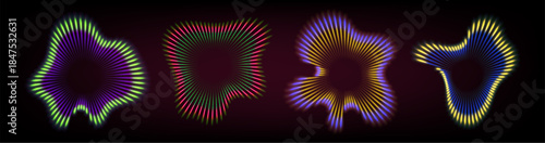 Sound wave ripple effect with concentric circular lines radiating outward. Neon gradient rays in dynamic signal pattern with vibrant radial geometry. Modern vector audio, music or speaker design.
