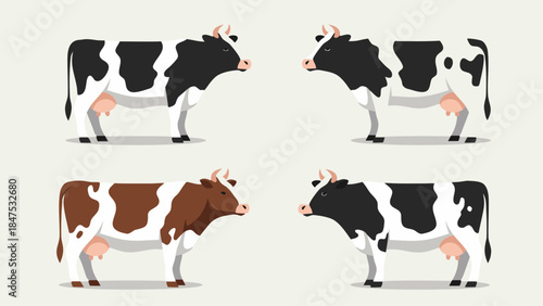 Collection of illustrated dairy cows featuring black and white holstein and brown and white breeds