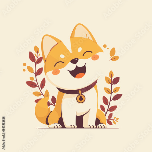 Happy Shiba Inu Dog Cartoon Illustration with Autumn Leaves.