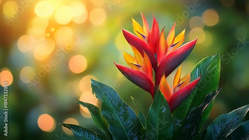 Vibrant Bird of Paradise Flowers Blooming in a Tropical Garden with Golden Bokeh Lights.