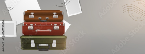 Vintage luggage stack with realistic old suitcases - brown leather bag, red retro case and green travel trunk. Metal locks and handles, corner protectors on stacked baggage pile with postcard stamps