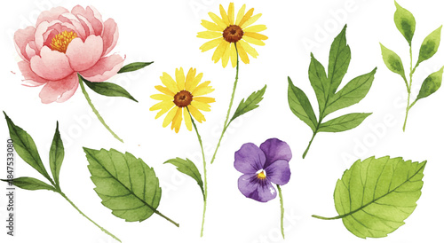 Watercolor floral vector mega collection. Huge bundle of hand painted roses, lilies, sunflowers, tulips, and wildflowers with wreaths, bouquets, and frames isolated on white background.