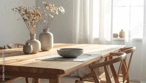 Luxury dining room interior featuring a wooden table and matching chairs set against a stylish wall and window for a modern home furniture decor design