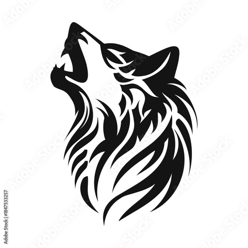 Flowing Fur Howling Wolf. Tribal Style Howling And Snarling Animal Emblem.