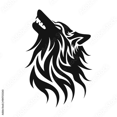 Flame Fur Howling Wolf. Tribal Style Howling And Snarling Animal Emblem.