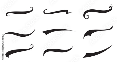 Swoosh and swash typography tails shape. Underline retro swoop wave line for athletic tshirt. Vector strockes set. Vector black sport tails. Swoosh silhouette elements for baseball, football or athlet