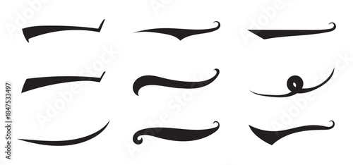 Swoosh and swash typography tails shape. Underline retro swoop wave line for athletic tshirt. Vector strockes set. Vector black sport tails. Swoosh silhouette elements for baseball, football or athlet