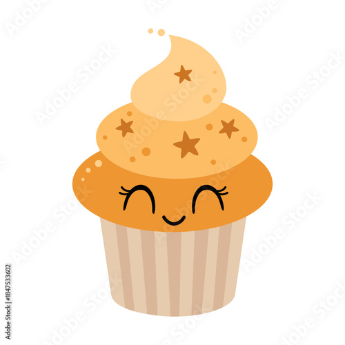 Cute cupcake with happy face in cartoon style. Birthday vector hand drawn illustration
