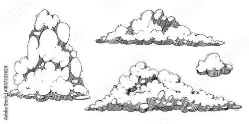Hand drawn sketch clouds isolated on white background. Vector illustration of cloudy sky drawing, weather forecast or climate change presentation design elements, line art cloudscape, dream symbol
