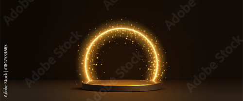 Round stage with golden light circle on black background. Vector realistic illustration of shiny podium for product presentation or award ceremony, luxury pedestal with illumination, show platform