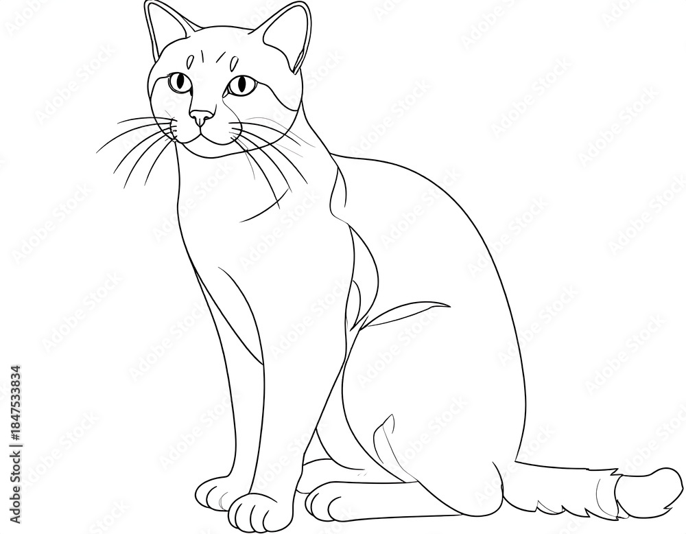 Obraz premium Black and white line drawing of a sitting cat with sharp whiskers