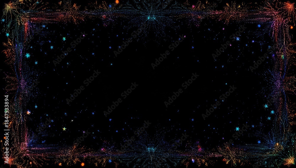 Obraz premium A dark frame of colorful, blurred fireworks-like effects with scattered, faint small dots on a solid black background