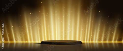 Golden stage podium with light beams and sparkling particles on black luxury background. Circular 3d platform illuminated by vertical rays for award ceremonies or premium product presentations.