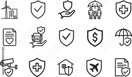 Insurance and protection icon set with shield, safety, coverage symbols vector eps.
