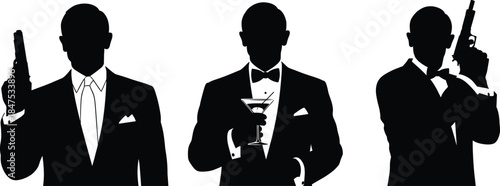 Spy silhouette illustration, secret agent pose, tuxedo characters, gun and martini gesture, black and white vector, James Bond style