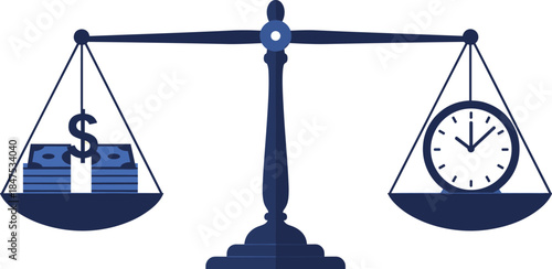 Time and money balance concept, financial value, time management, economic decision, business metaphor, clock and cash, equal importance, investment strategy