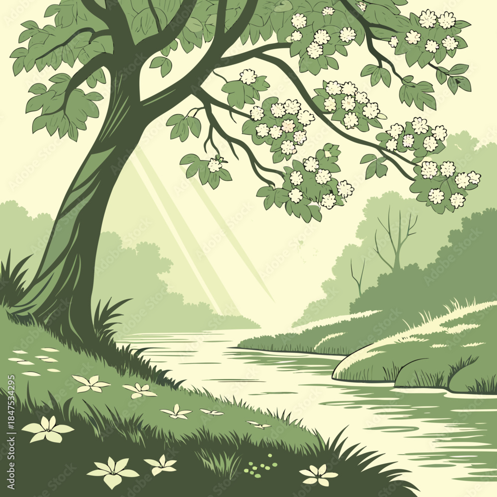 Fototapeta premium Blooming tree beside serene riverbank with sun rays
