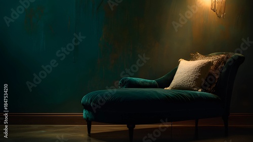 Wallpaper Mural Emerald green velvet chaise lounge with rolled arms and a single backrest. Velvet chaise lounge in a deep teal, emerald green color with a light accent pillow with green wall background  Torontodigital.ca
