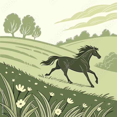 Dark Horse Running on Green Hills with Flowers grass