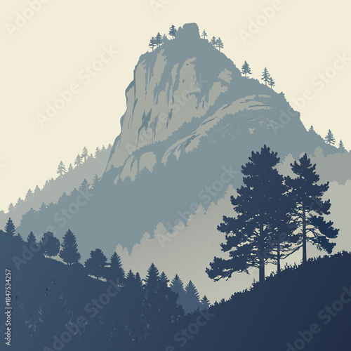 Mountain landscape with trees on hill and rocky peak